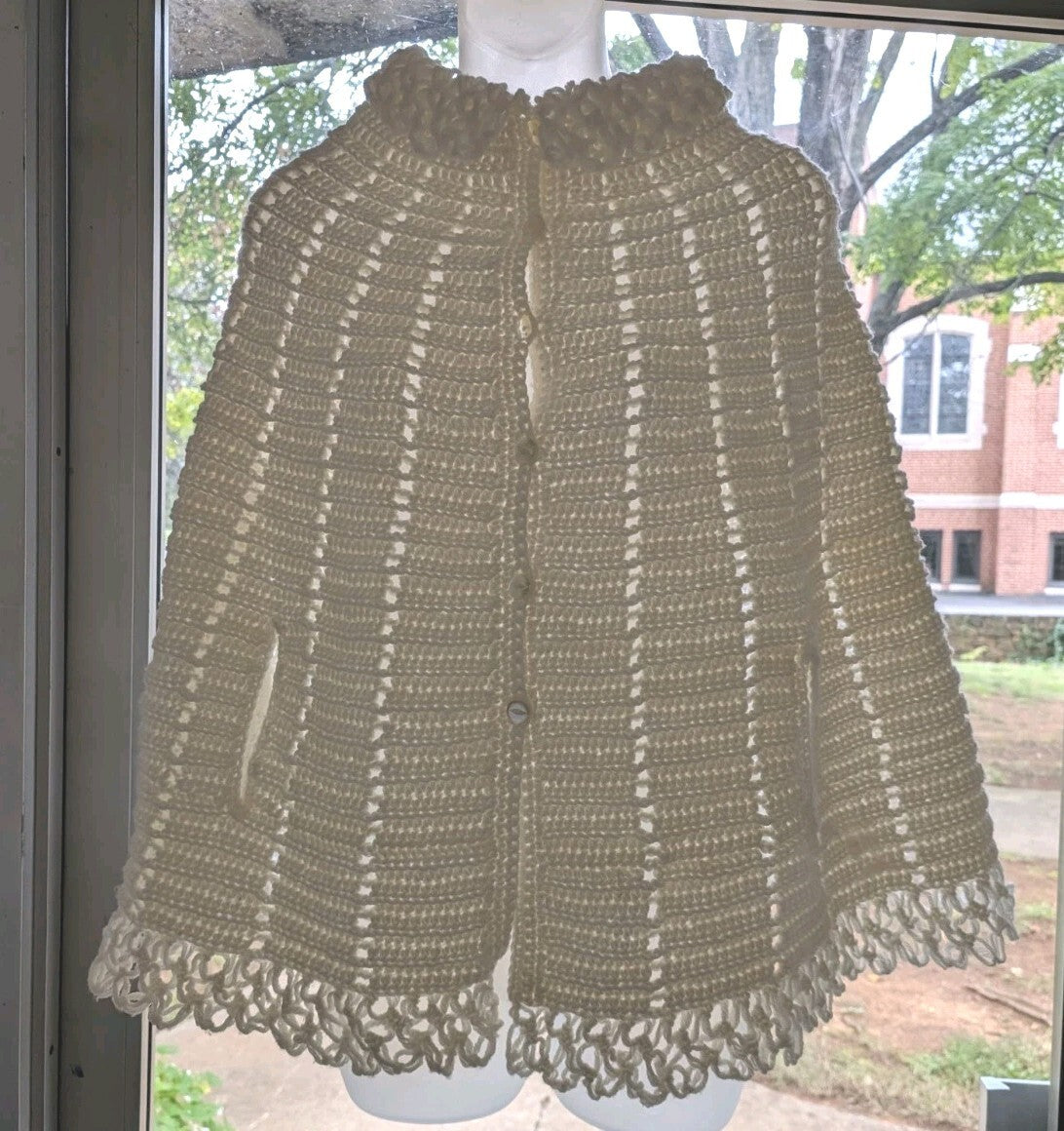 Vintage Hand Crocheted Cape White Scalloped Ruffle Collar Button Arm Slit OSFM