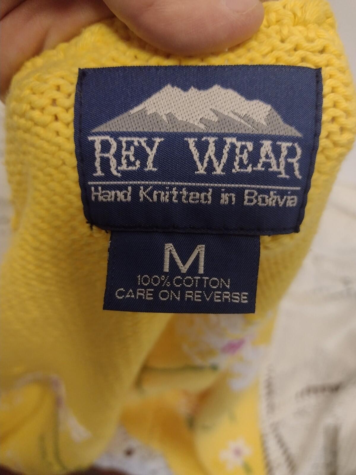 Rey Wear Hand Knit Bolivia Cotton Daisy Cardigan M Popcorn Stitch Yellow
