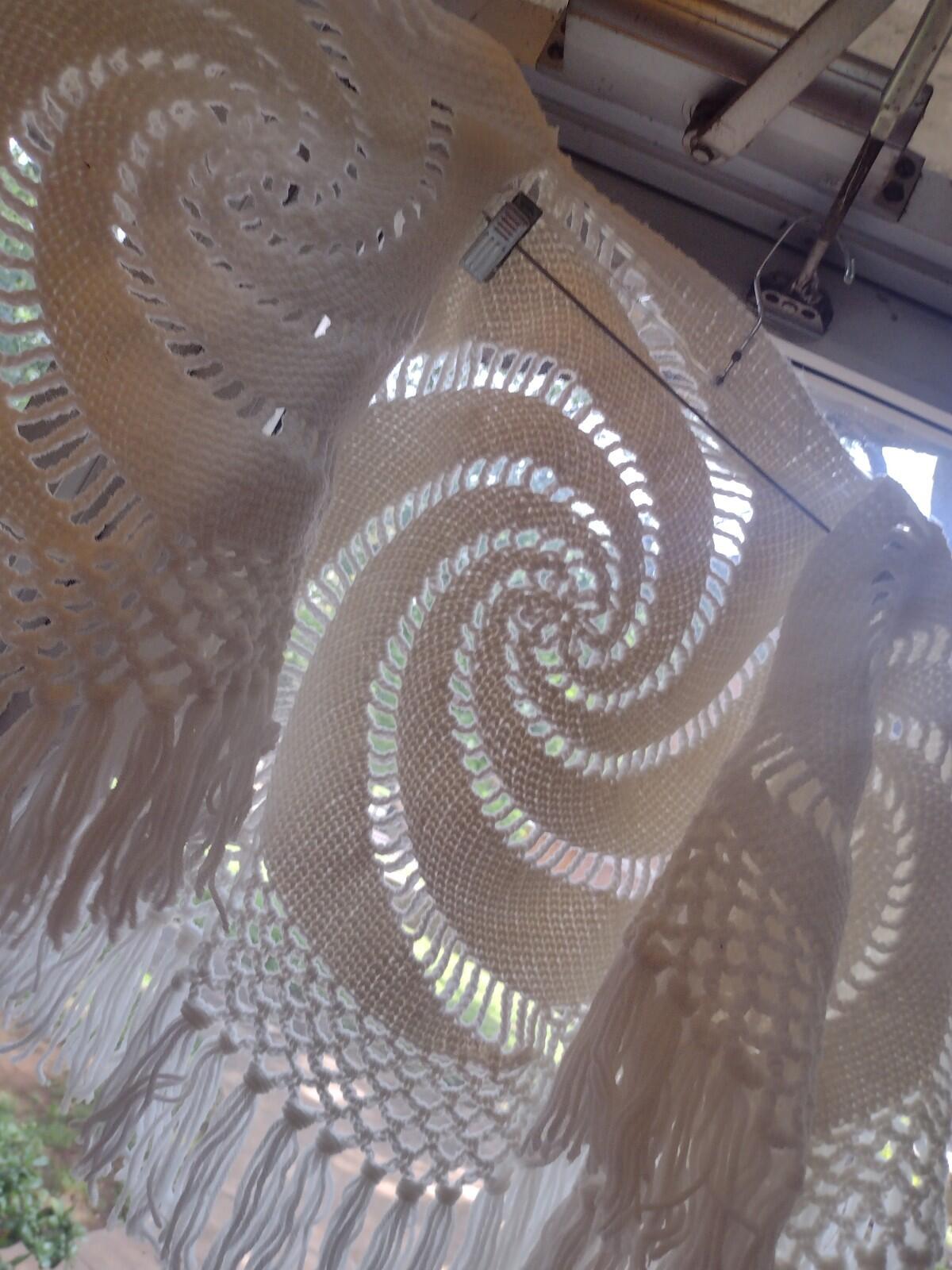 Vintage 70s Crochet Swirl Fringe Shawl Boho Festival Openwork Wrap White Acrylic