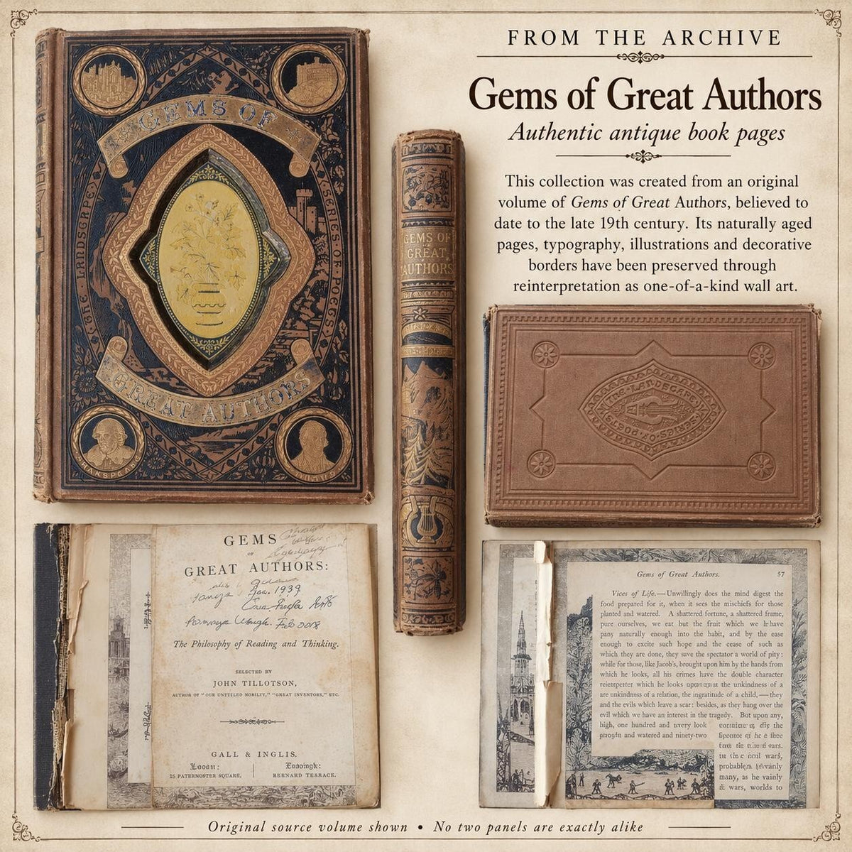Antique Book Page Wall Art Set of 6, 12x12 Archive Panels, Dark Academia Vintage