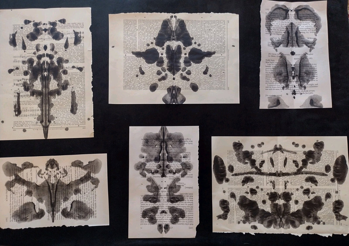 Rorschach Inspired Inkblot Hand Painted Vintage Book Pages 10 Pc Gothic Ephemera
