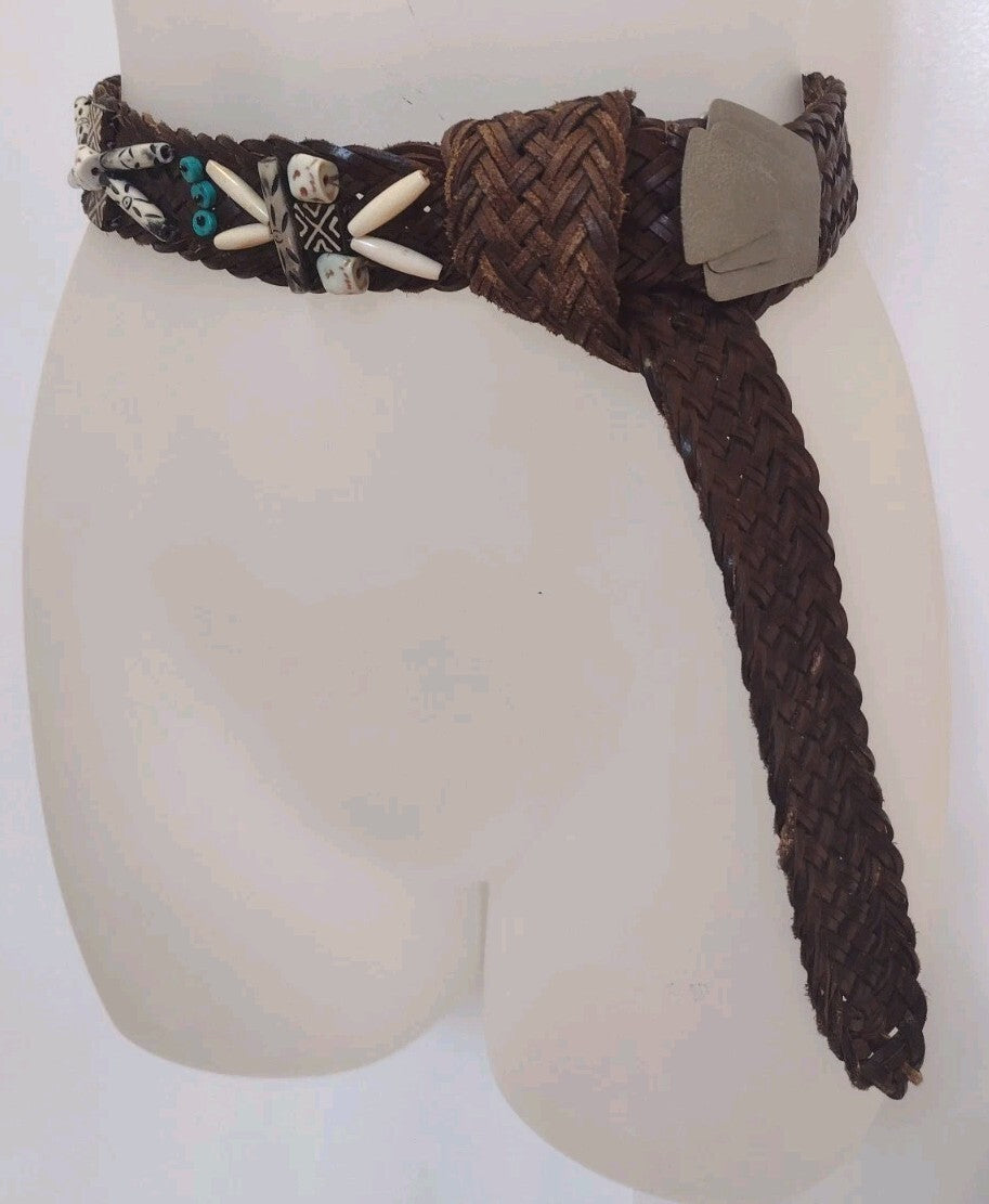 Vintage Artisan Braided Leather Belt Beaded Boho Statement Brown 43 Inch