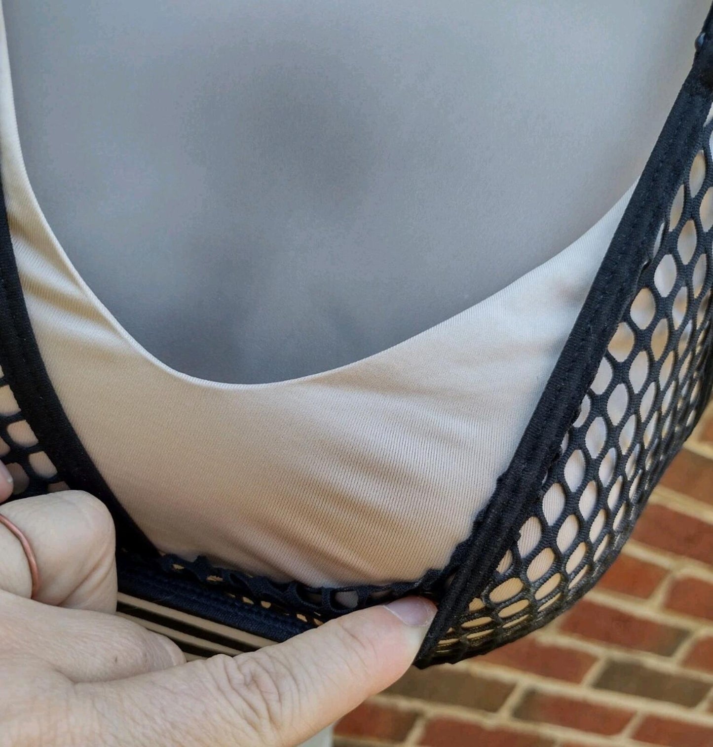 Victoria Sport Fishnet Mesh Sports Bra 32B Nude Illusion Strappy Athleisure