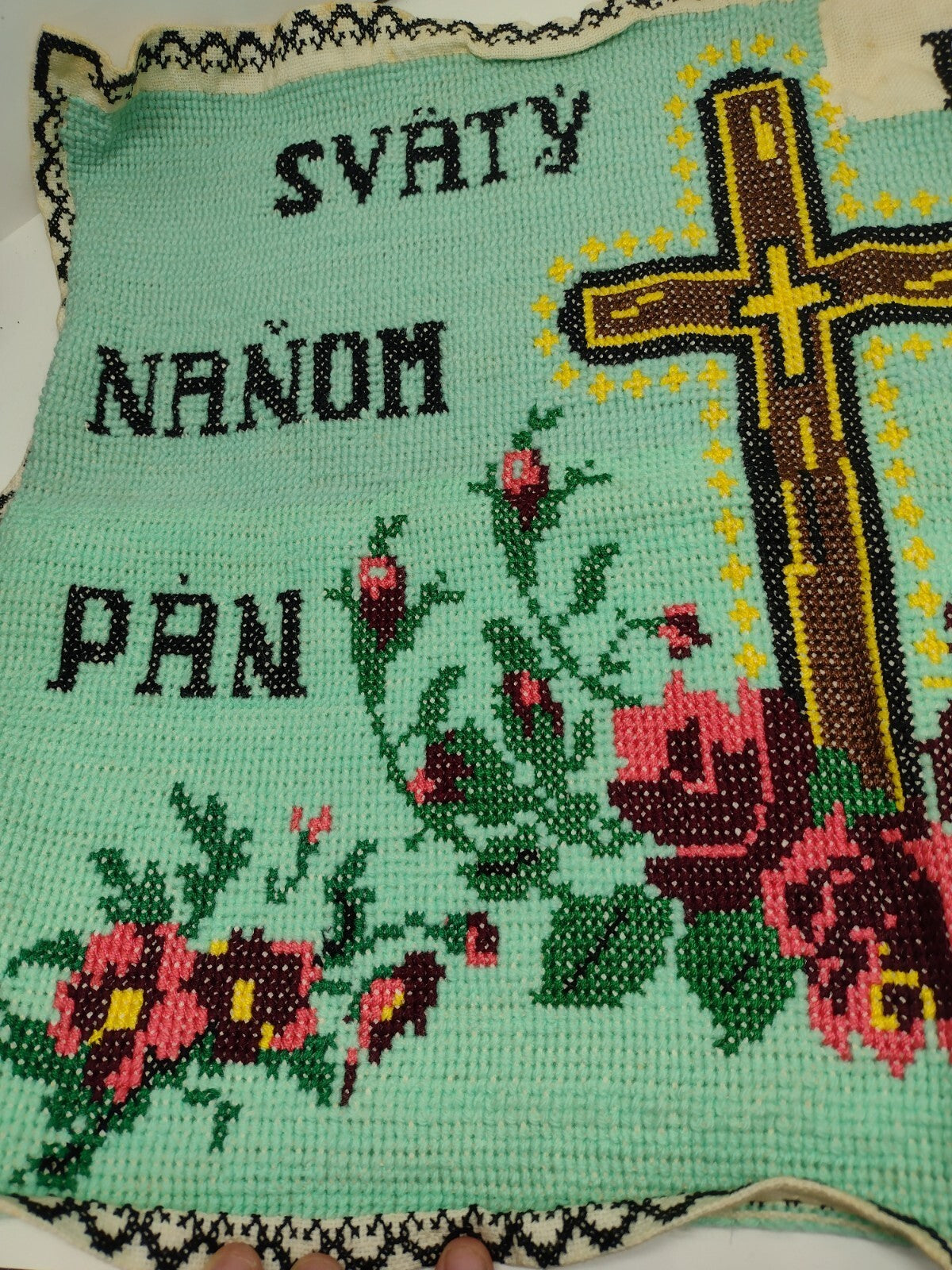 Vintage 40s Slovak Christian Needlepoint Holy Cross Jesus Roses Folk Art Textile