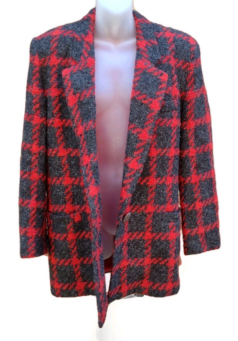 David N Tweed Blazer Jacket Vintage 80s Red Gray Houndstooth 80s Power Oversized