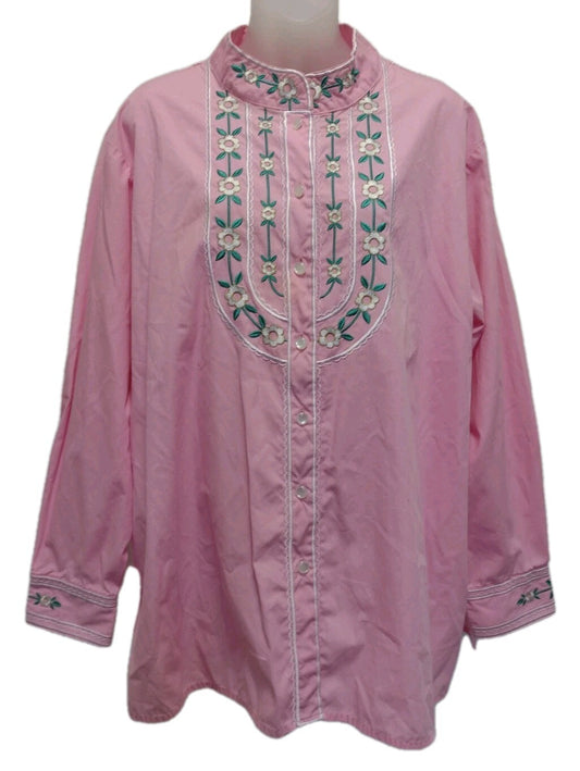 90s Blouse Bob Mackie Wearable Art Pink Floral Embroidered 1X Cottagecore Y2K