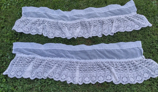 Vintage Pair White Sheer Lace Valances Floral Ruffle Cottagecore 56x17