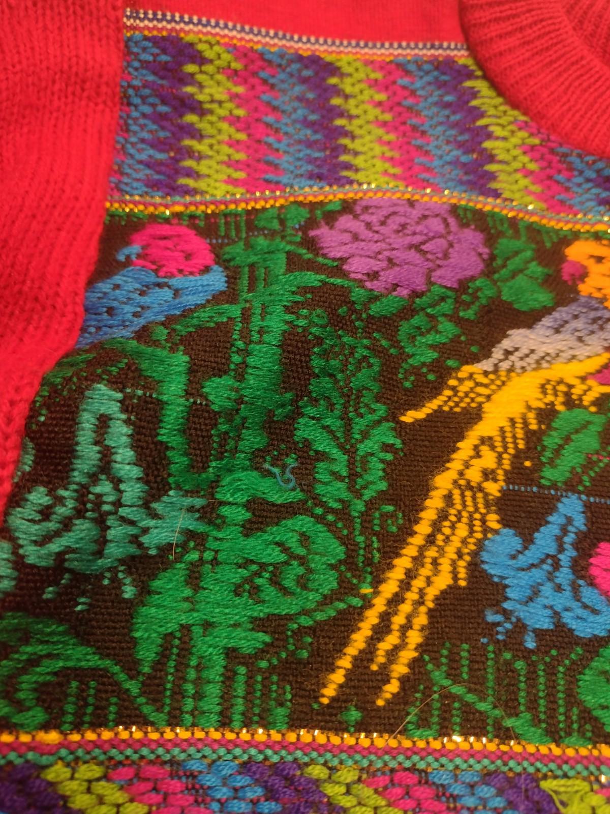 Vintage 80s Red Batwing Sweater Tapestry Parrot Panel Wool Blend Dolman L
