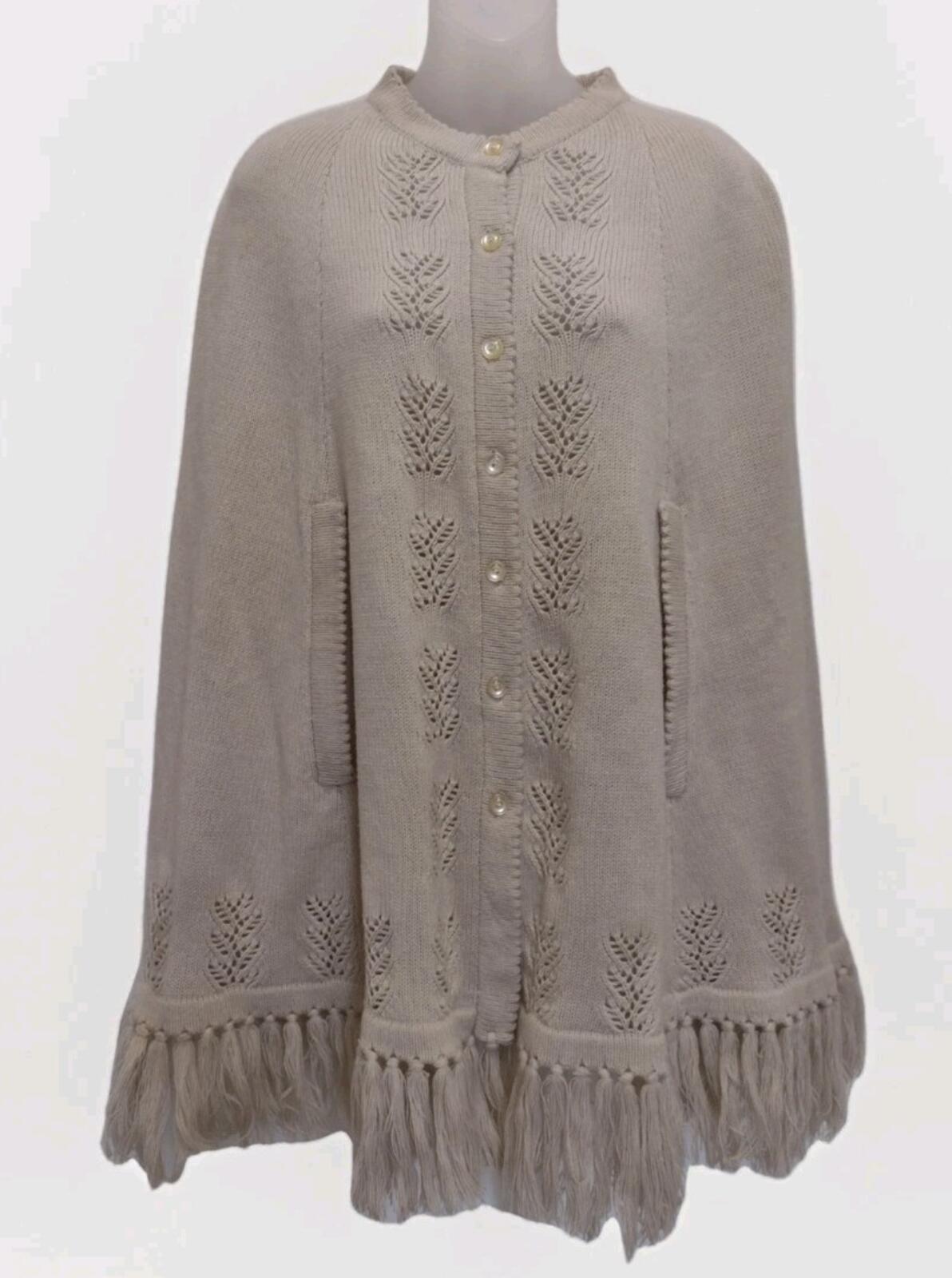 VTG 70s Sweater Bee Hong Kong Knit Poncho Cape Beige Eyelet ButtonsDeadstock