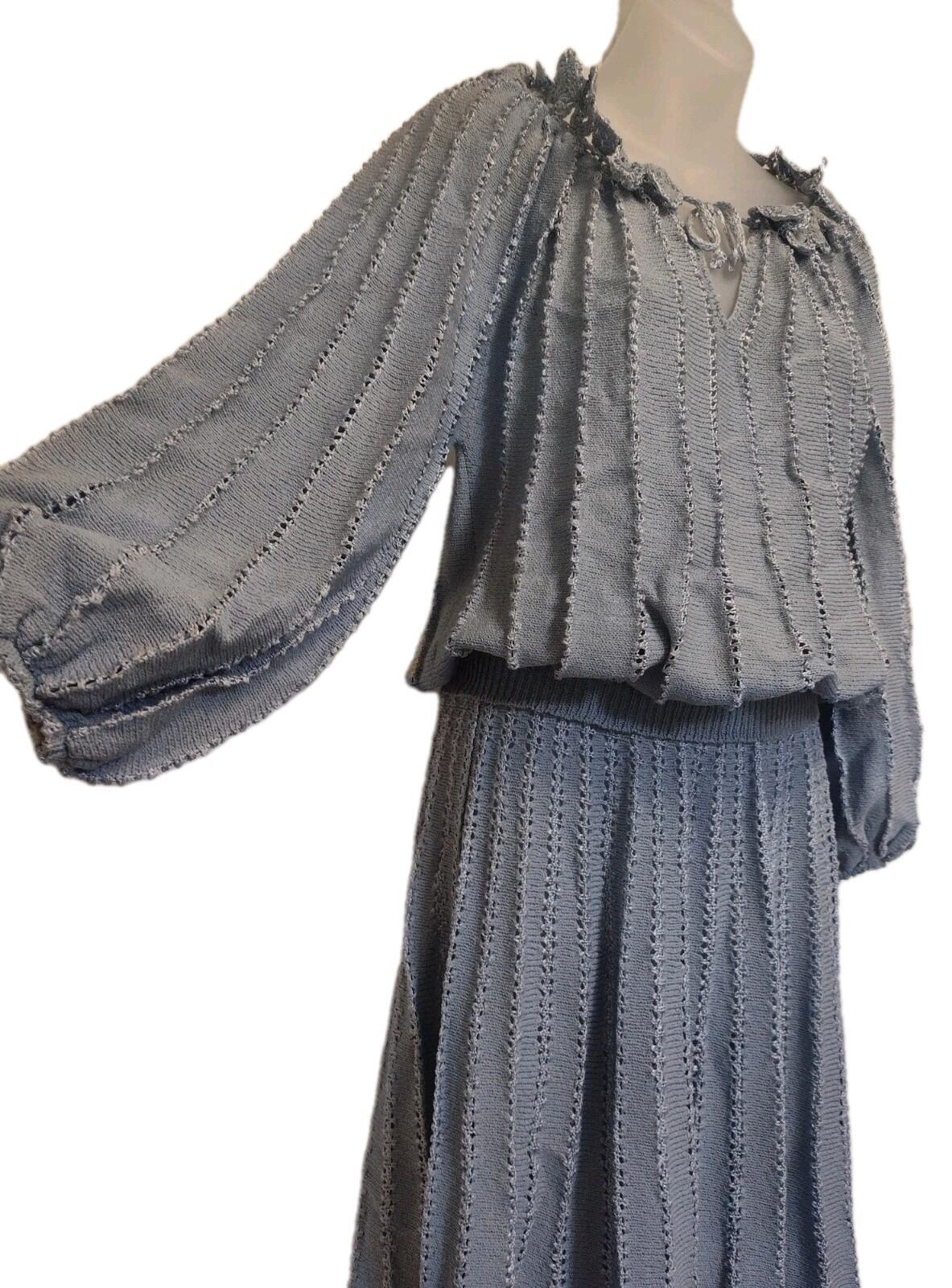 Vintage Miss JoAnn California Blue Knit Set Crochet Collar Top Skirt 1970s