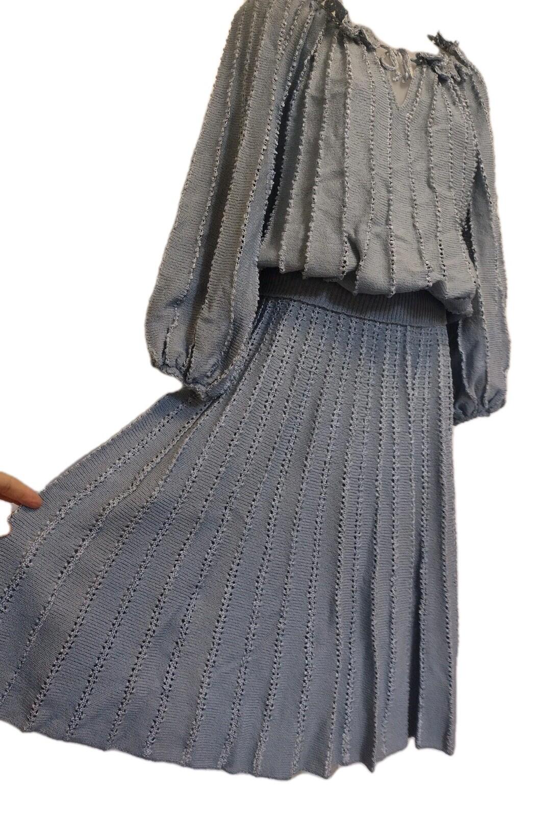 Vintage Miss JoAnn California Blue Knit Set Crochet Collar Top Skirt 1970s