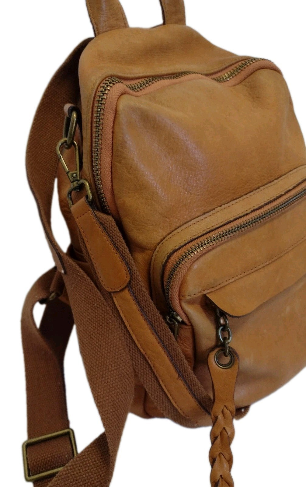 Boho Cognac Leather Backpack Distressed Rucksack Utility Pocket Y2K Style Bag