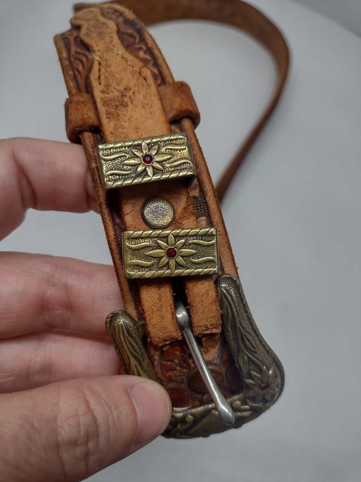 Vintage 80s Justin Western Ranger Belt Tooled Leather Brass Floral Red Stones 30