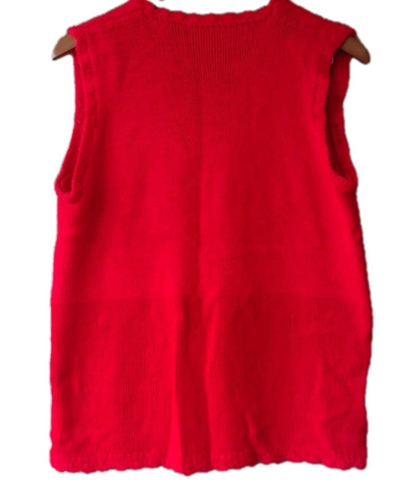 🔥Handmade VTG 90s Bright Red Knit Vest Tunic Kangaroo Pocket Scalloped Trim S/M