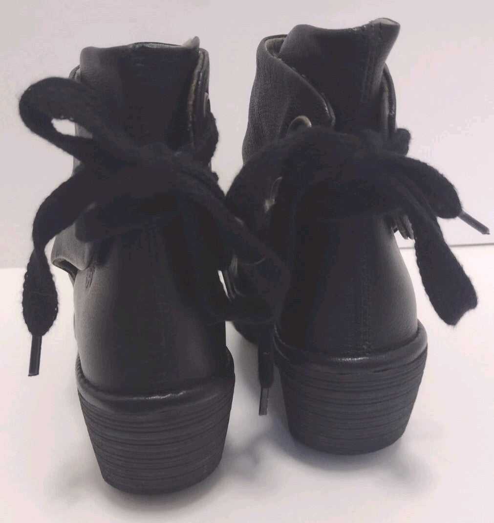 FLY London Yama Black Leather Ankle Boots 39 Lace Up Wedge Lug SoleSize: EU 39