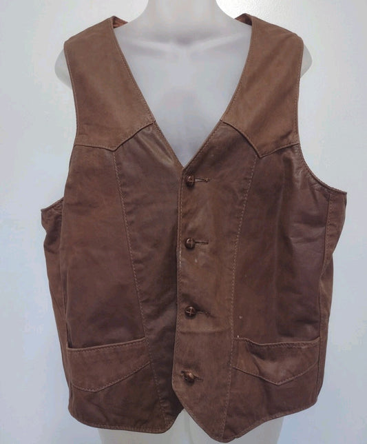 Vintage Steer Brand Leather Vest Men L Made USA Western Cowboy 70s 80s Brown