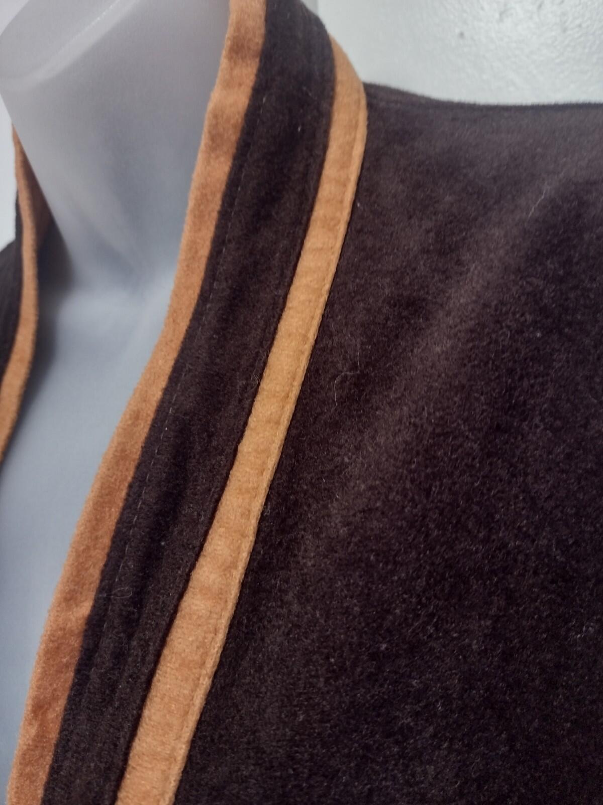 Vintage 70s Swinger Velour Robe Brown Tan Trim Belted OSFA 80s Lounge Wear