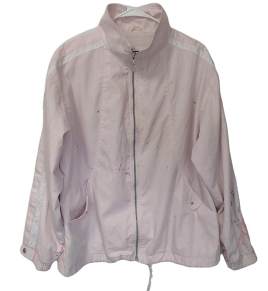Vintage Pale Pink Distressed Track Jacket W White Stripes Paint Splatters Sz L