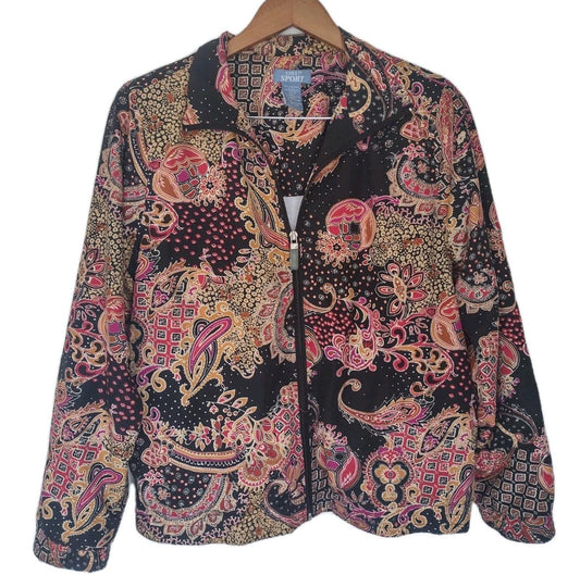 Vintage Koret Sport Silky Satin Paisley Multicolor Full Zip Pockets Size Small