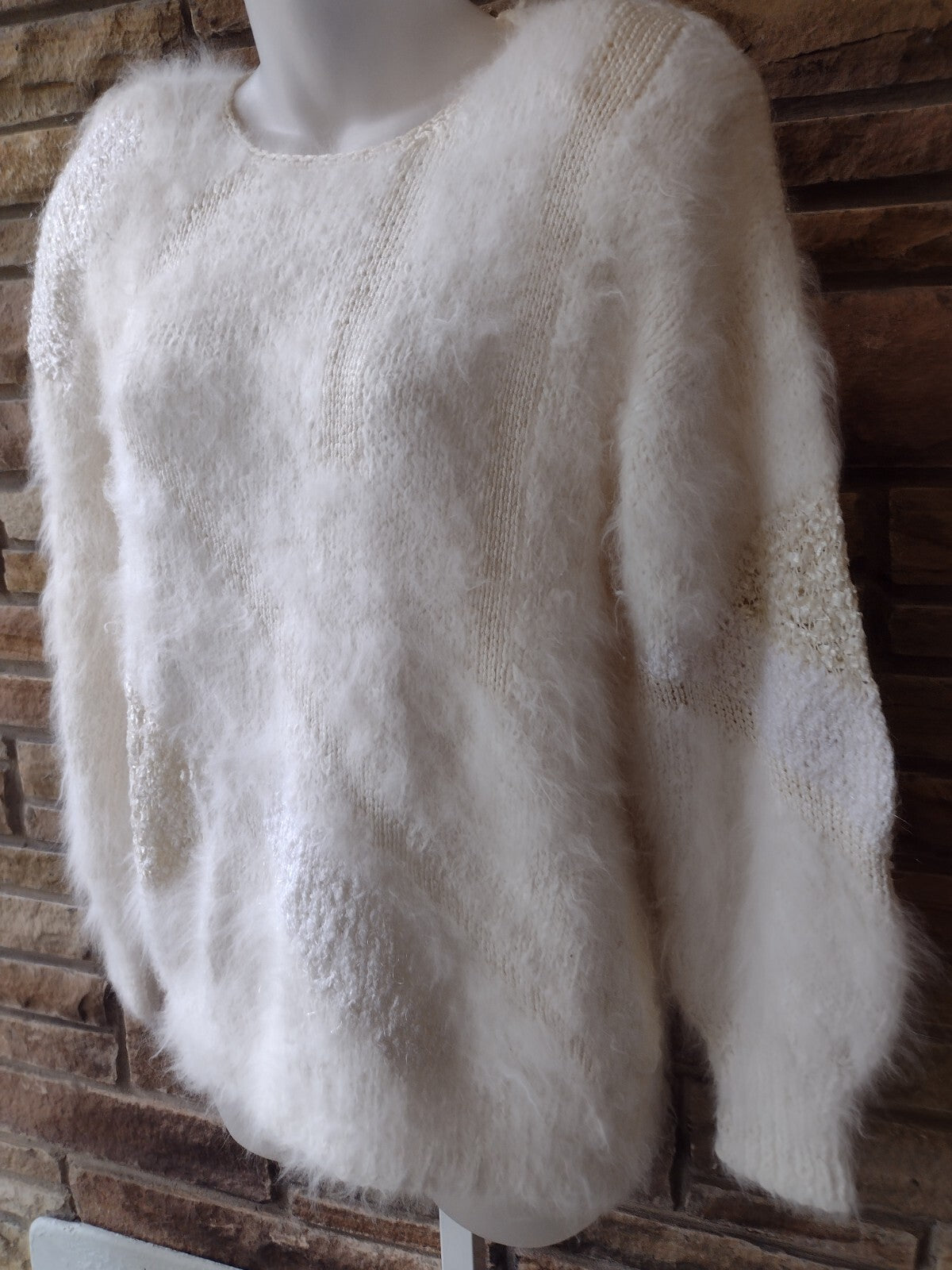 Vintage 80s Fuzzy Angora Sweater Cream Textured Knit Balloon Sleeve Shoulder Pad