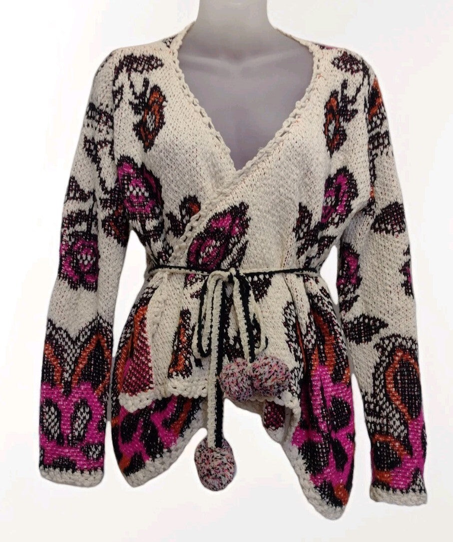 Umgee Wrap Cardigan Sweater Boho Southwestern Pom Pom Belt Festival Cottage S