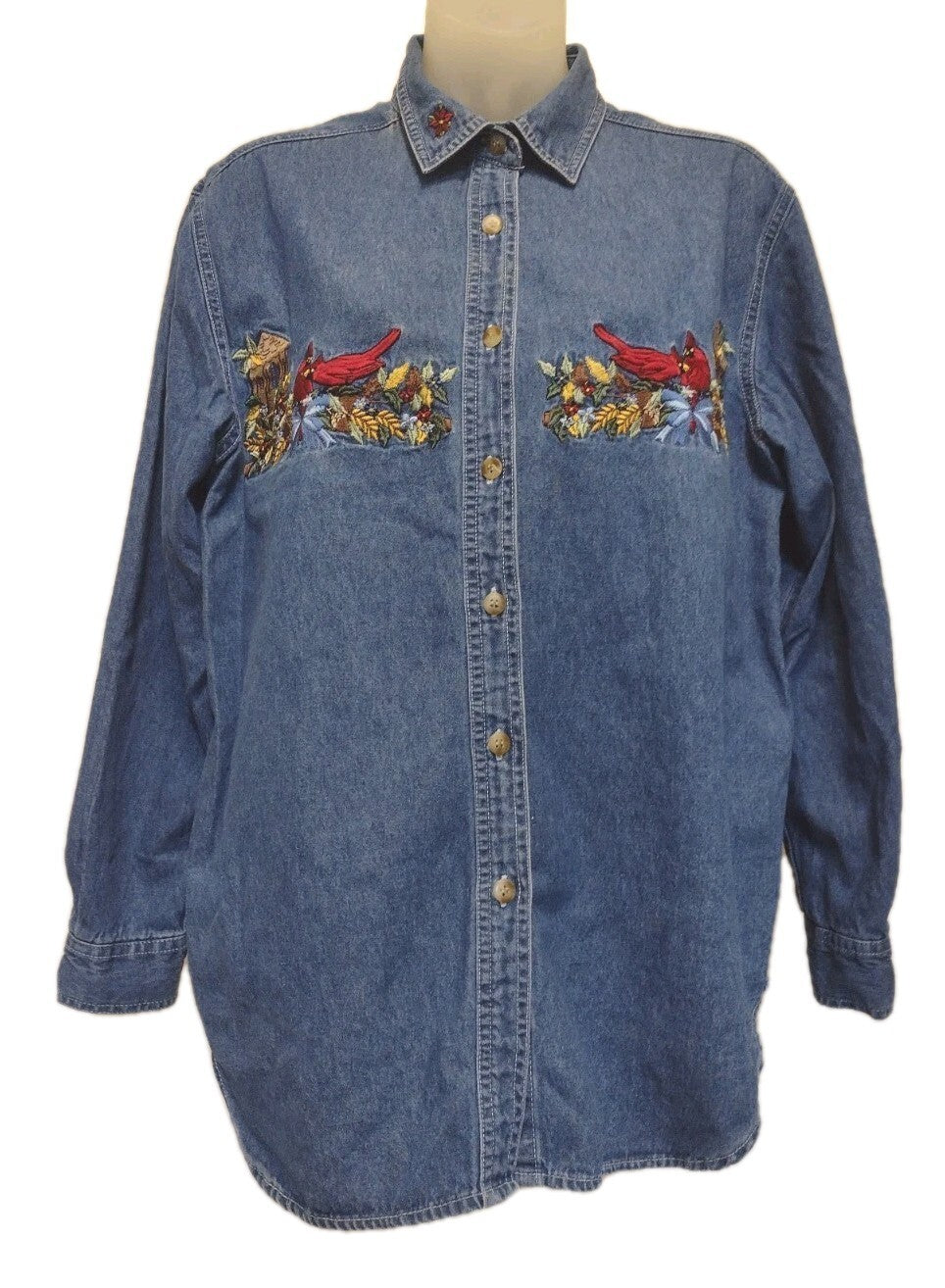Vintage Denim Shirt Embroidered Cardinals Birdhouse Cotton Button Up Women's L