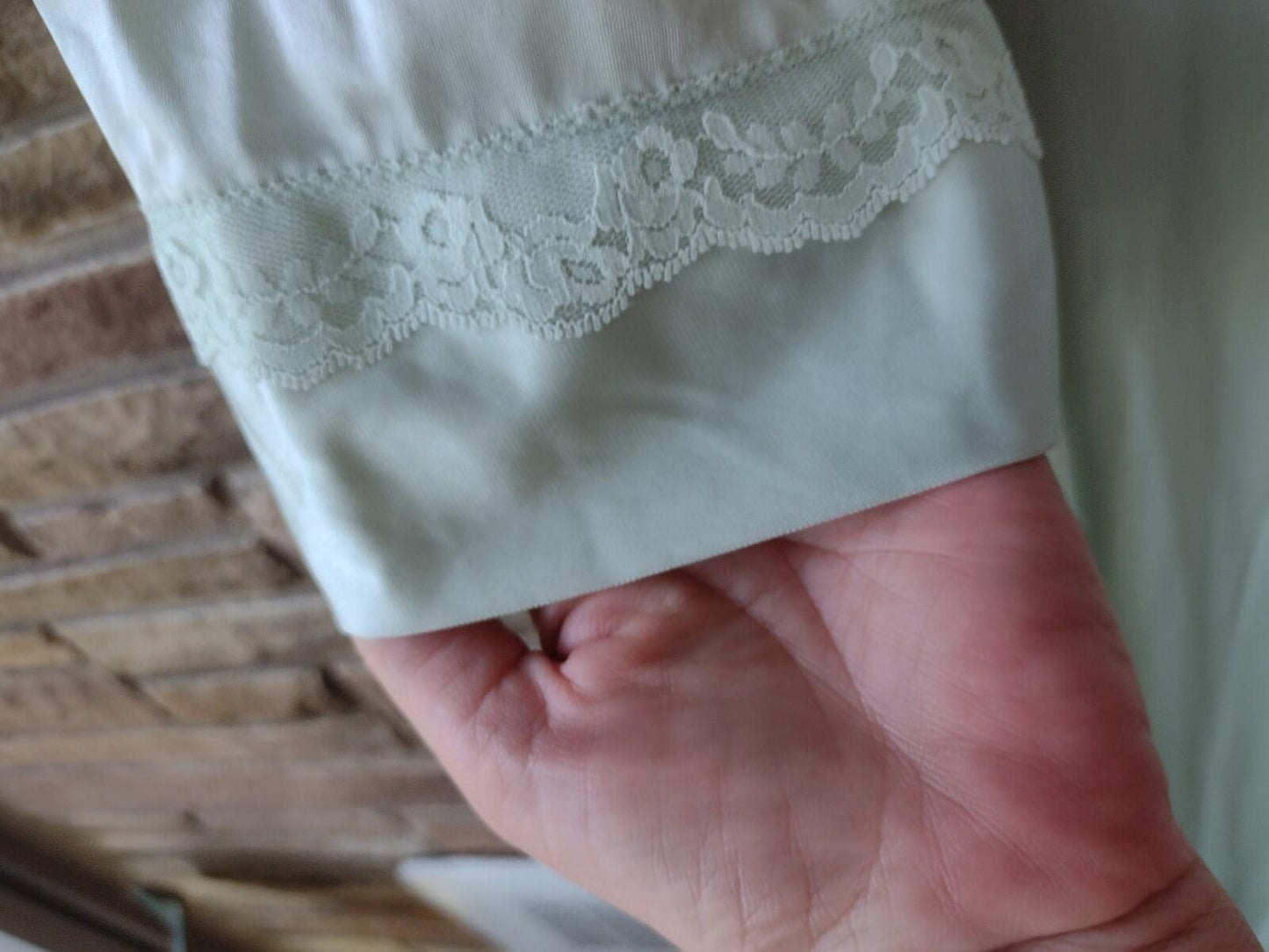 VTG 60s Shadowline Mint Green Nylon Lace Robe XL Full Button Pearl Trim Pocket