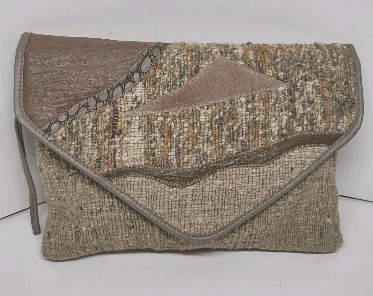 Y2K Boho Patchwork Wristlet Clutch Textured Woven Suede Look Neutral Handbag