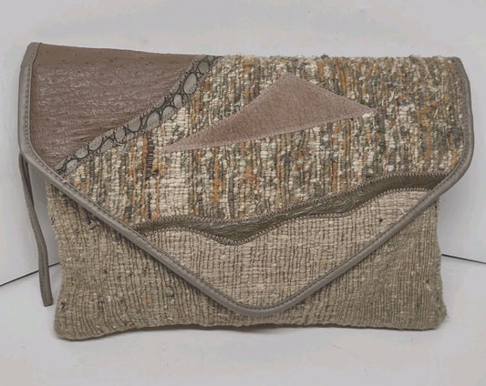 Y2K Boho Patchwork Wristlet Clutch Textured Woven Suede Look Neutral Handbag