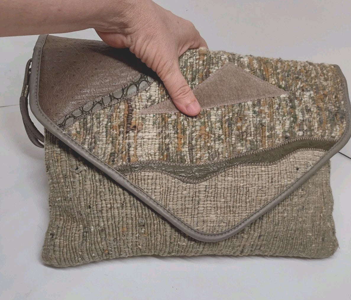 Y2K Boho Patchwork Wristlet Clutch Textured Woven Suede Look Neutral Handbag