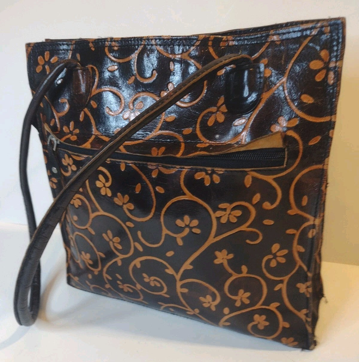 Vintage Embossed Floral Leather Tote Bag Brown Boho Western Artisan Shoulder Bag