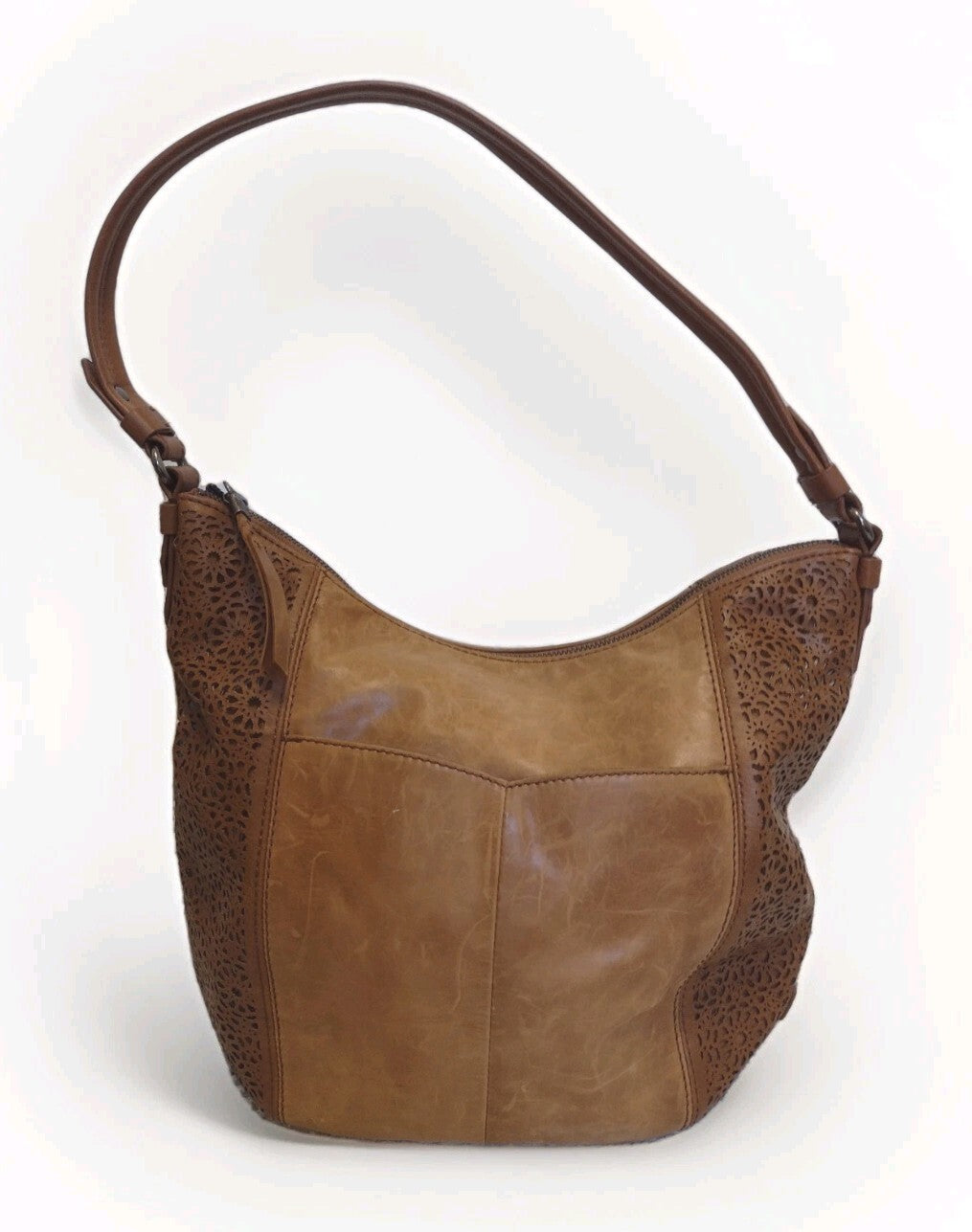 The Sak Sequoia Hobo Bag Brown Leather Laser Cut Floral Shoulder Purse