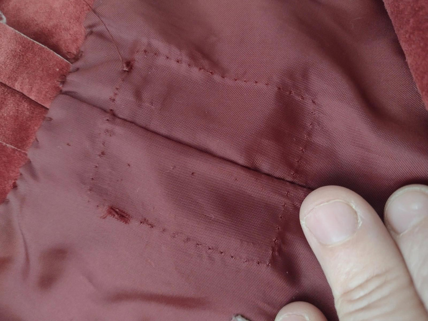 Vintage 90s Dark Red Suede Leather Patchwork Jacket L Boho Raw Edge Excellent
