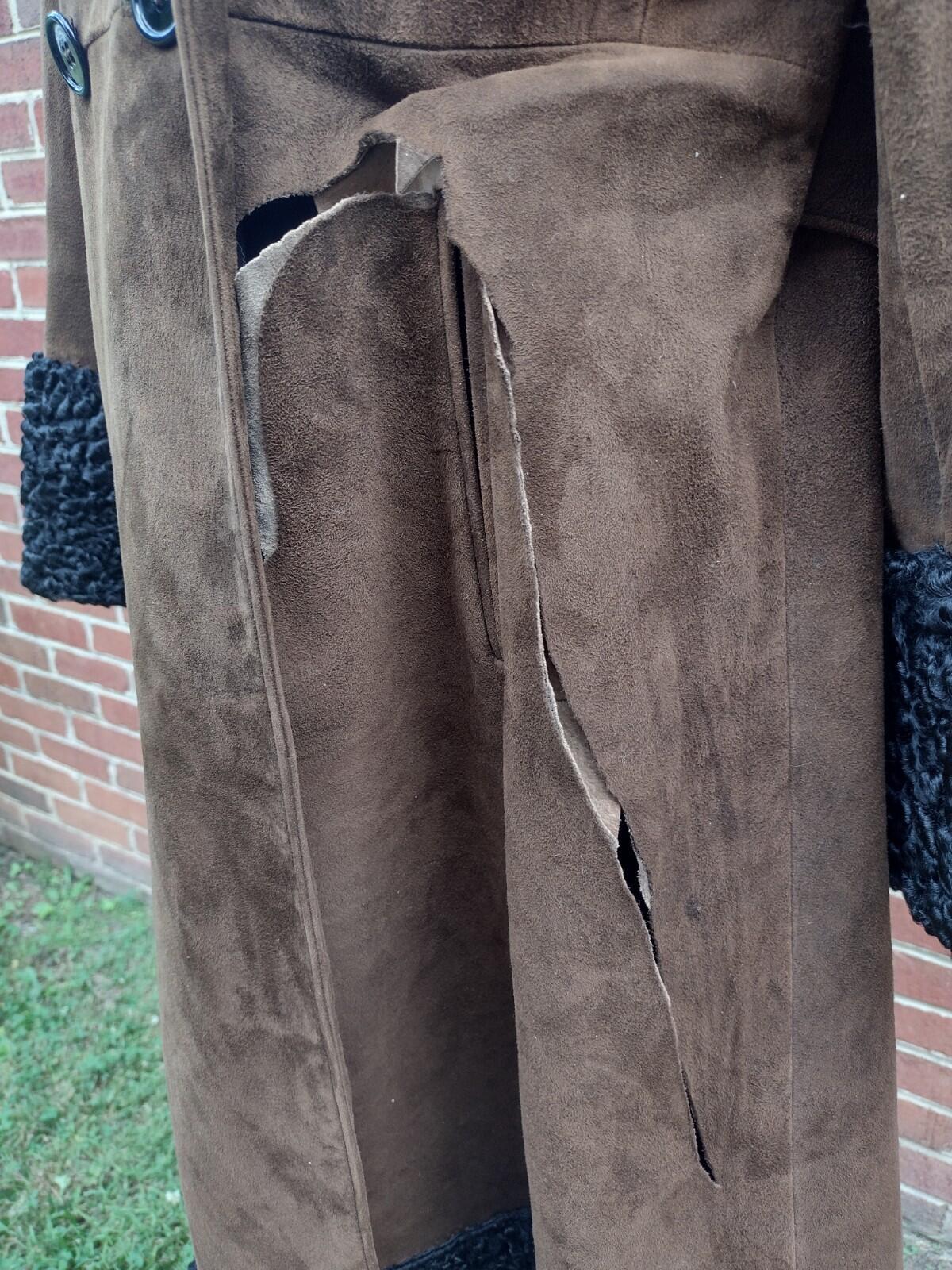 VTG 60s Anne Klein Mallory Penny Lane Suede Coat Curly Lamb Trim Boho Sz 10