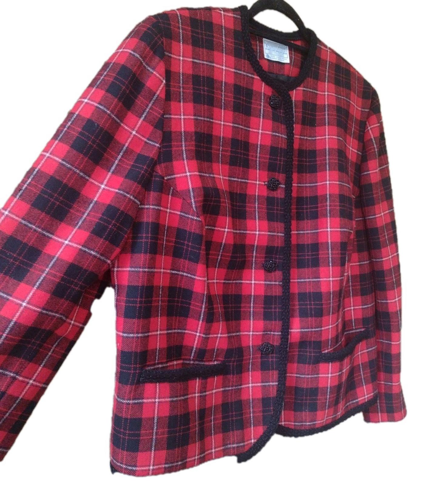 Vintage 60s Rare Pendleton Wool Jacket 18W Red Plaid Braided Trim Satin Lining