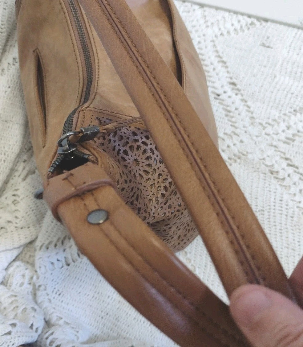 The Sak Sequoia Hobo Bag Brown Leather Laser Cut Floral Shoulder Purse