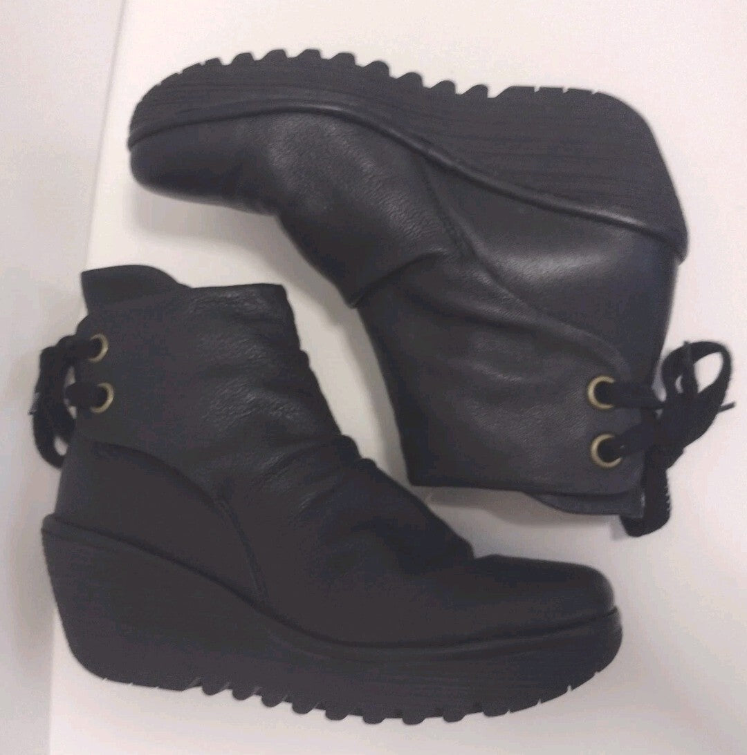 FLY London Yama Black Leather Ankle Boots 39 Lace Up Wedge Lug SoleSize: EU 39