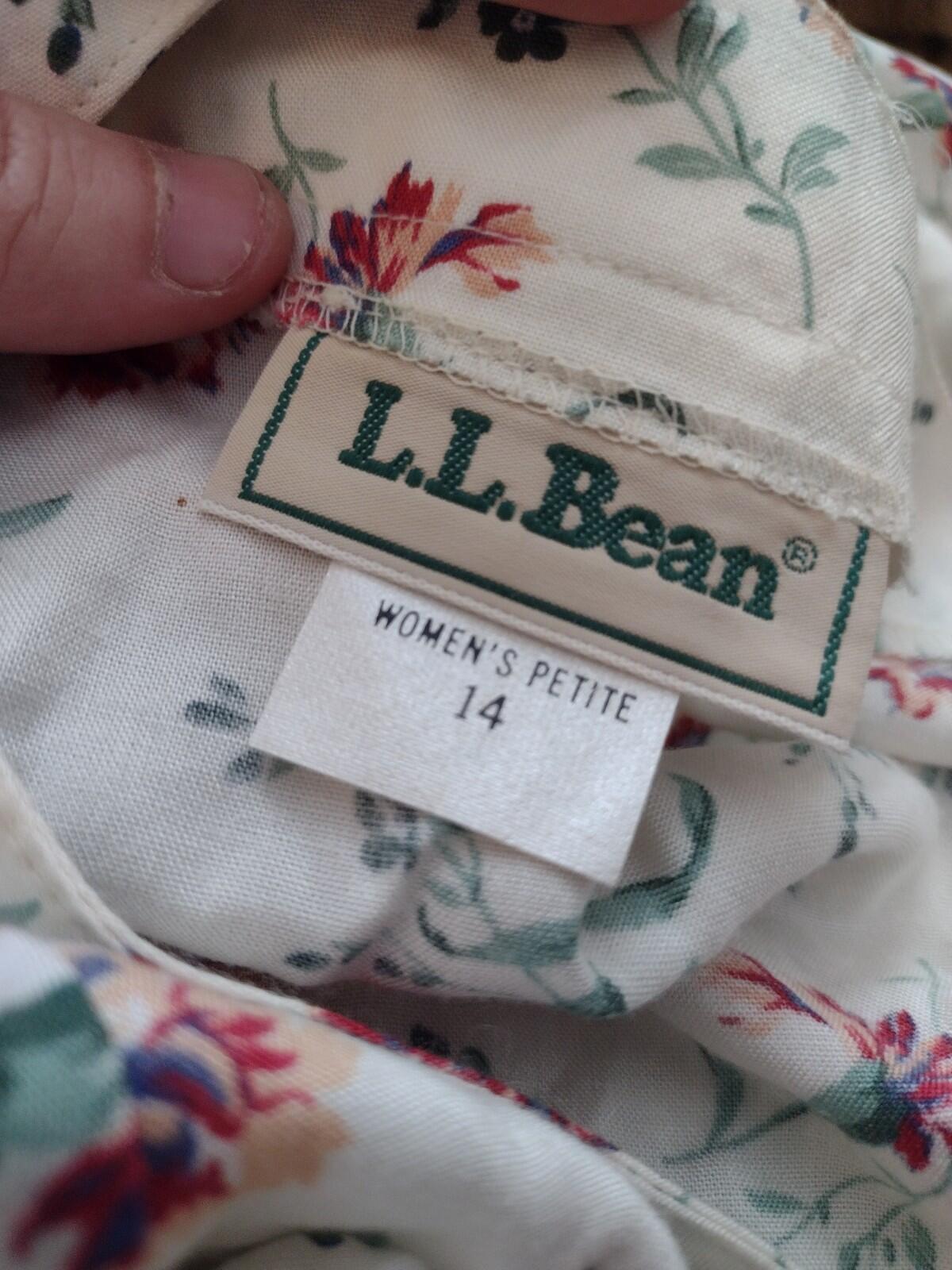 VTG L.L.Bean Floral Rayon Dress Petite 14 Made in USA Button Front Tie Back