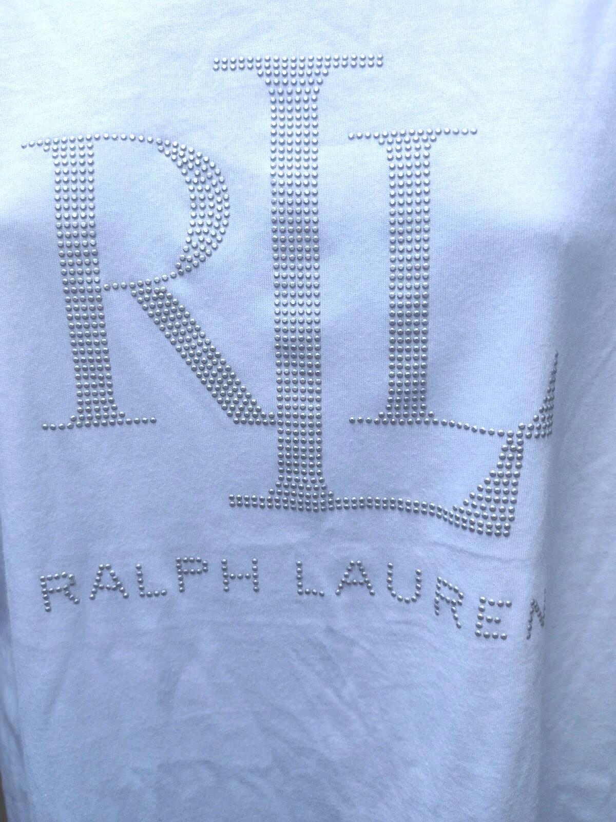 Ralph Lauren T Shirt Womens L White Casual Silver Metallic Puff Dot Embellished