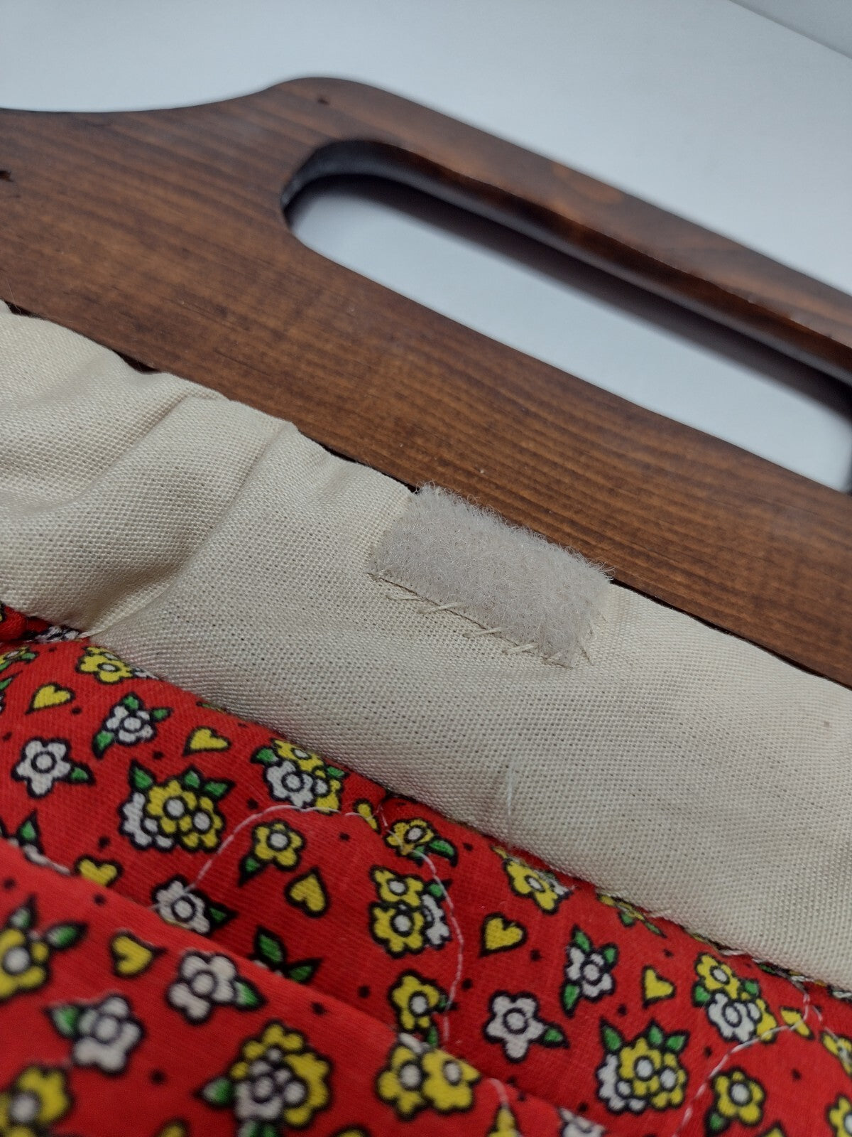 Vintage 70s Hand Painted Poppy Canvas Handbag Wood Handle Signed Folk Art Purse