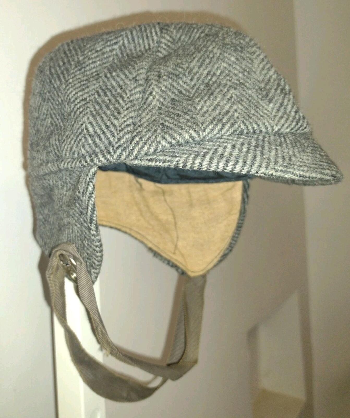 Vintage 40s Wool Herringbone Alpine Ski Cycling Ear Flap Cap Gray Tweed Hat