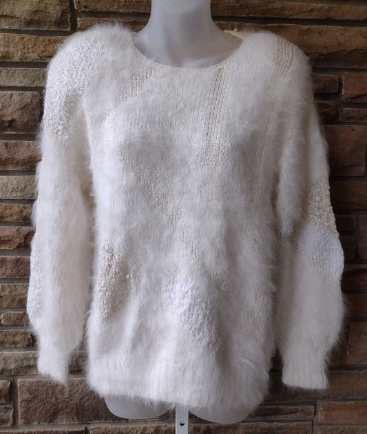Vintage 80s Fuzzy Angora Sweater Cream Textured Knit Balloon Sleeve Shoulder Pad