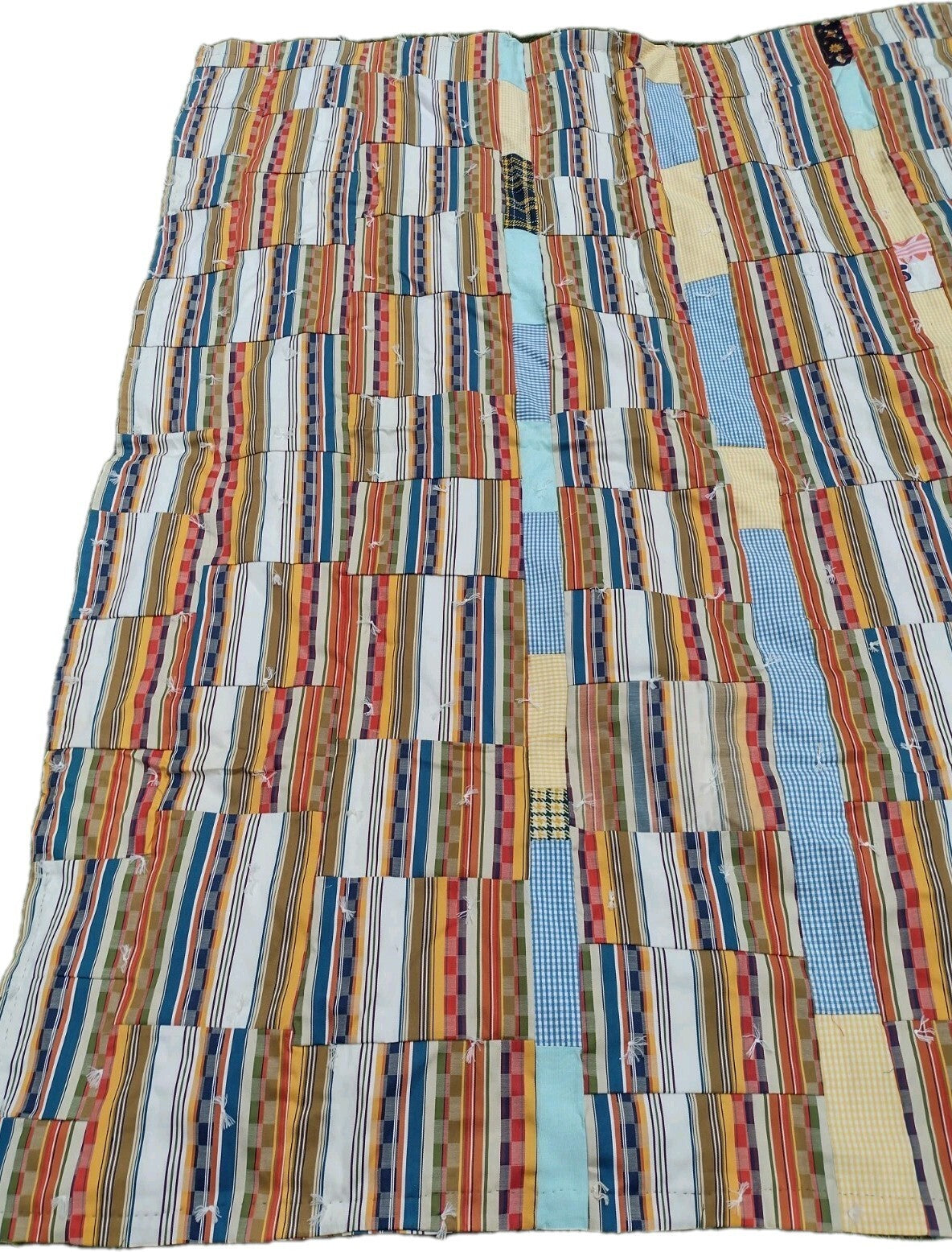 Vintage 1970s Handmade Patchwork Quilt 68x86 Tied Scrap Coverlet Retro Folk Art