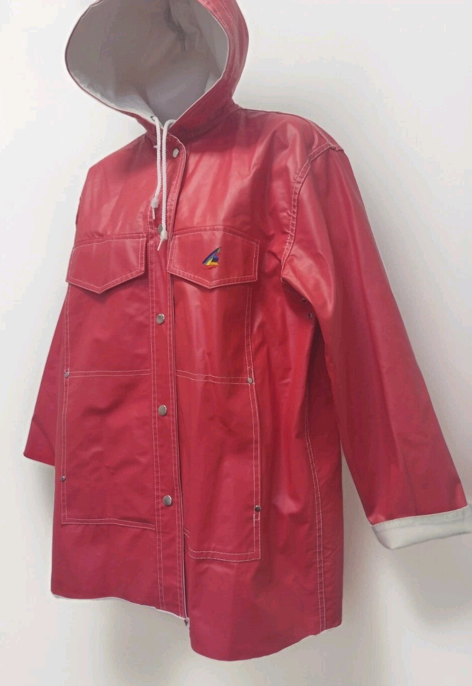 80s Nautical Fisherman Red Vinyl Rain Slicker Rainbow Sailboat Misty Harbor Sz M