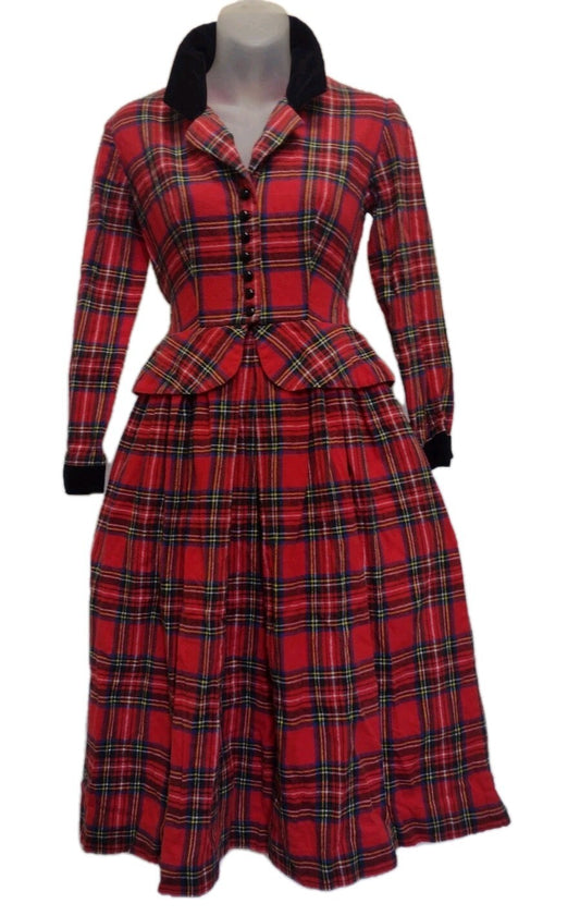 Vintage Petite Lanz Red Plaid Flannel Dress Peplum Corduroy Tartan 80s USA