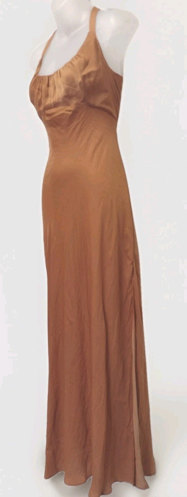 1940s Glam Satin Slip Maxi Dress Copper Brown Open Back High Slit Y2K Large