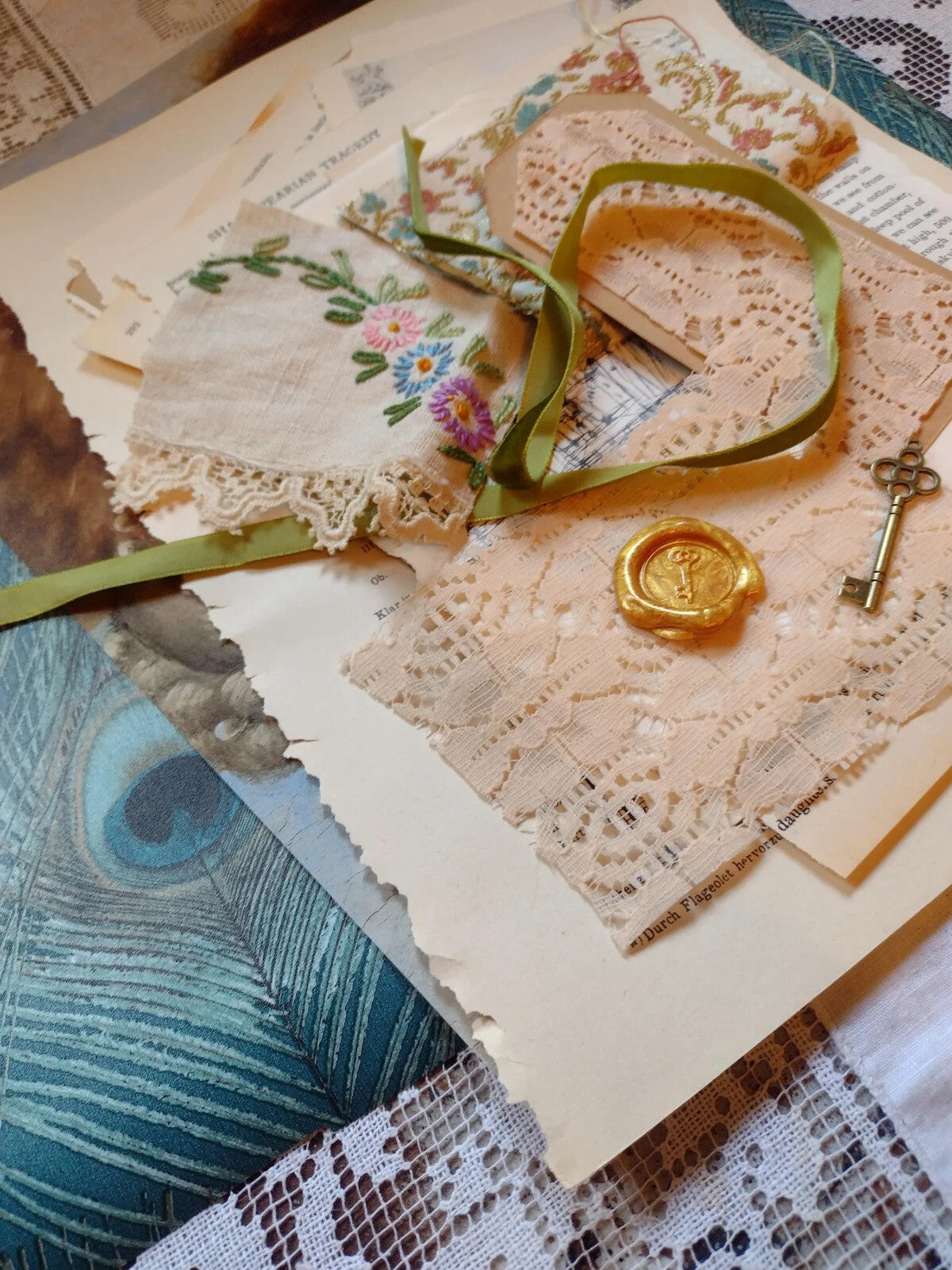 Victorian Peacock Ephemera Pack Vintage Book Pages Textiles Junk Journal Collage