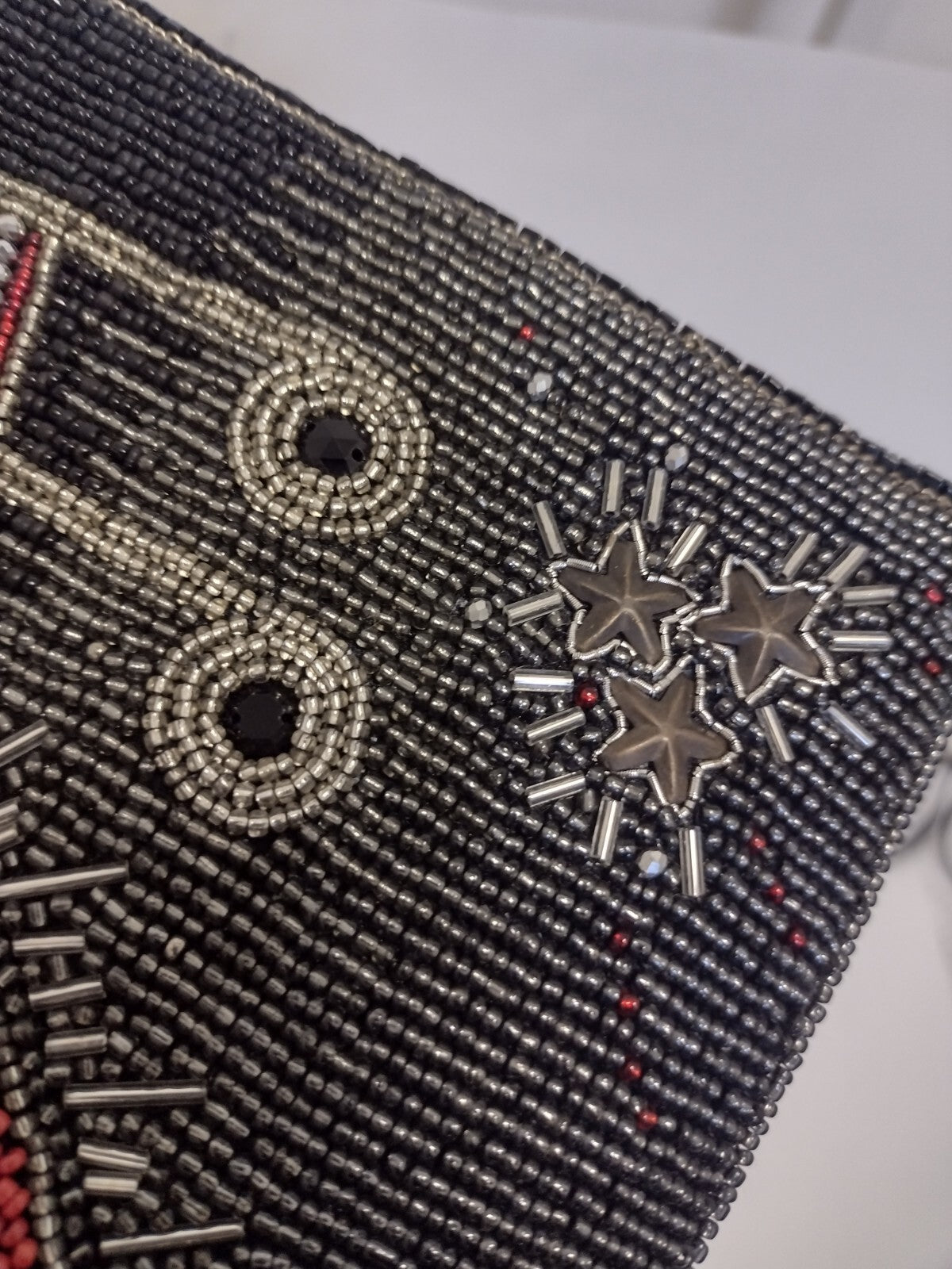 Mary Frances Womens Hand Beaded Crossbody Clutch Music Heart Black Red Bag