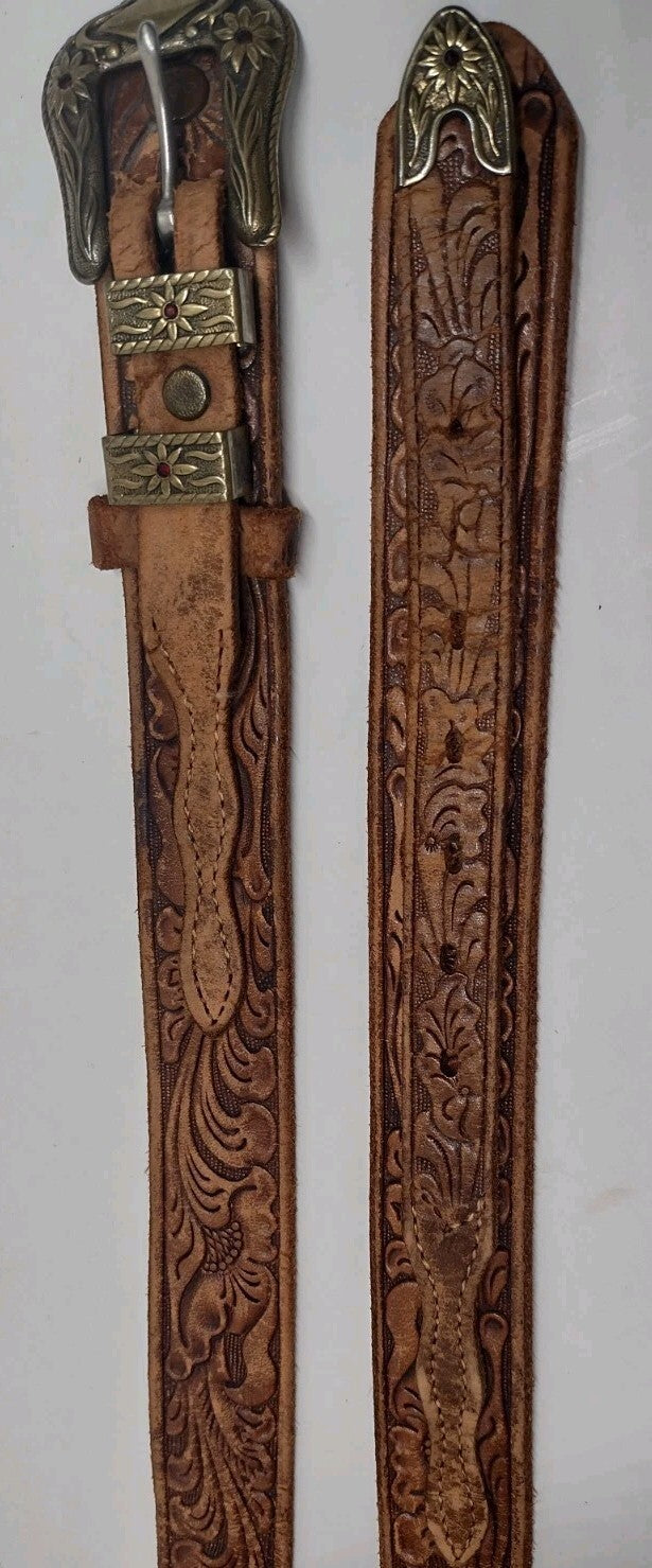 Vintage 80s Justin Western Ranger Belt Tooled Leather Brass Floral Red Stones 30