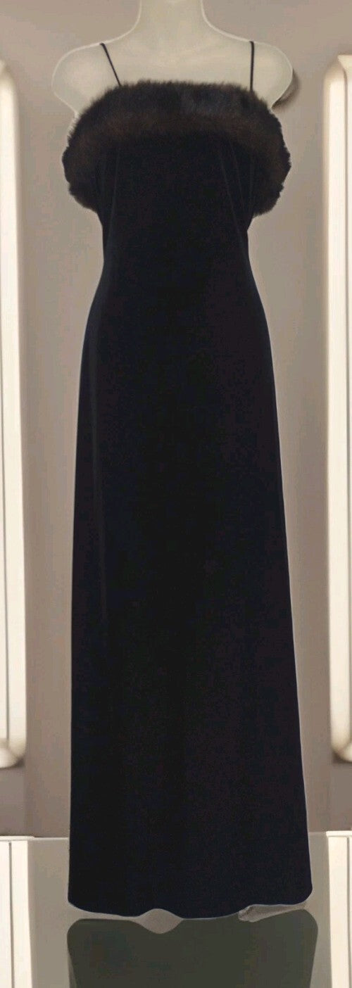 Vintage 80s Cachet Black Velvet Gown Size 8 Faux Fur Trim 90s Formal Made USA
